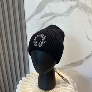 Chrome Hearts Black Knit Beanie with White Embroidered Logo